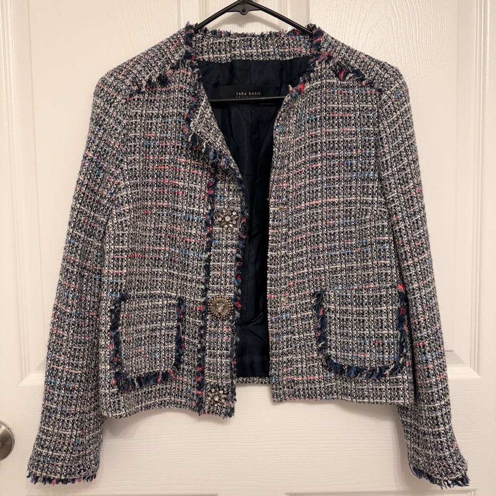 Zara Navy, Pink & White Tweed Cropped Blazer